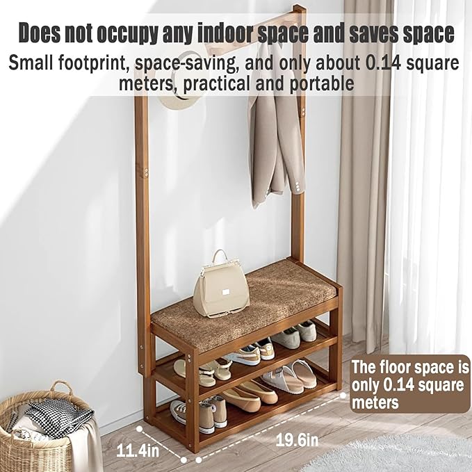 Hall Tree with Bench and Shoe Storage, Coat Rack Freestanding, Coat Hooks and Side Hooks, 5 in 1 Large Organizer, Sturdy Frame WithHooks for Entryway, Hallway(L73*W29CM/L28.7*W11.4IN)