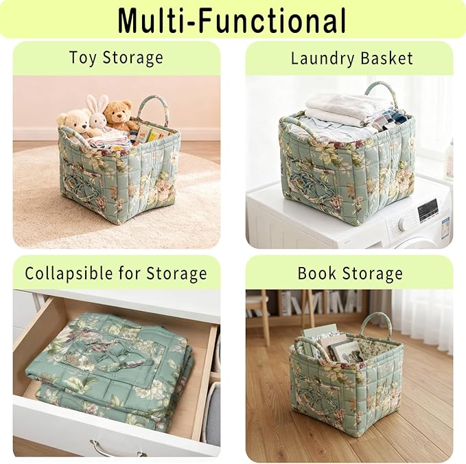 Mo&Cy Floral Pattern Storage Basket Large Capacity Fabric Storage Baskets Boho Floral Laundry Baskets with Easy Carry Handles,Baskets for Gifts Empty (Green Cottage)