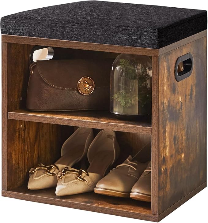 YMYNY Shoe Storage Bench with Cushion, 2 Tier Shoe Rack with Padded Seat, Adjustable Shoe Organizer Cabinet for Entryway, Living Room, Hallway, Closet, 15.4L*11W*16.54H, Rustic Brown, UHBD028H