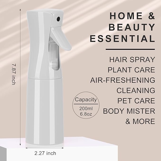 (White Hair Mister Spray Bottle，Spray Water Bottle Fine Mist Refillable Plants（6.8OZ /200ML） Barber，Showering Pets, Plants, travel, Ironing and Cleaning ﻿ ﻿ ﻿(Continuous Spray)