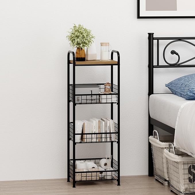 wonline 4 Tier Slim Metal Storage Cart with Walnut Wood Top Kitchen Organizer Shelf Fruit Basket Stand for Small Spaces Office Bathroom Laundry Room