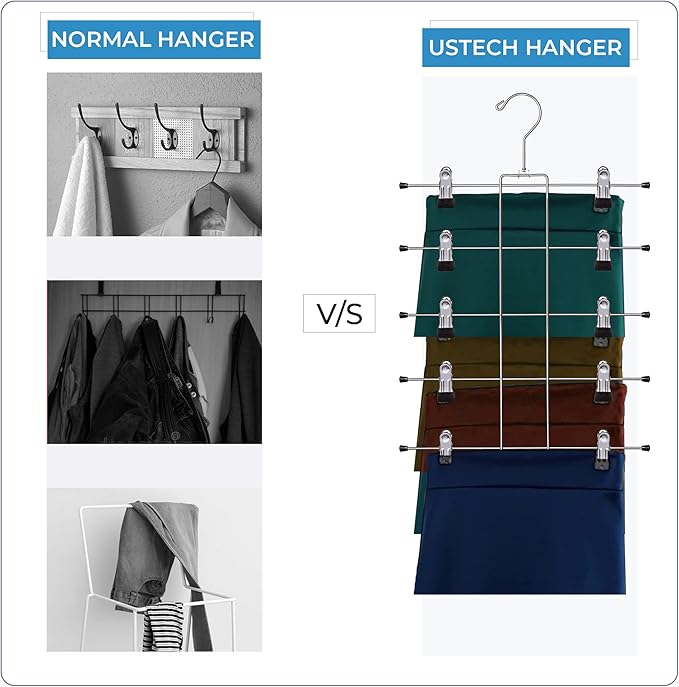Pants Skirt Hangers Space Saving Heavy Duty 5 Tier Pack of 3 Metal Hangers - Clothes Hangers, Stainless Steel Hangers with Clips for Pants, Skirts, Jeans- Durable and Non-Slip Clothes Hangers