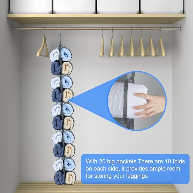 2-Pack Hanging Legging Organizer - Legging Storage Organizer, Legging Organizer for Closet, Hanging Closet Organizer, Install Behind The Door, Wardrobe Hanger 20 Pockets Clothes Storage (Grey)