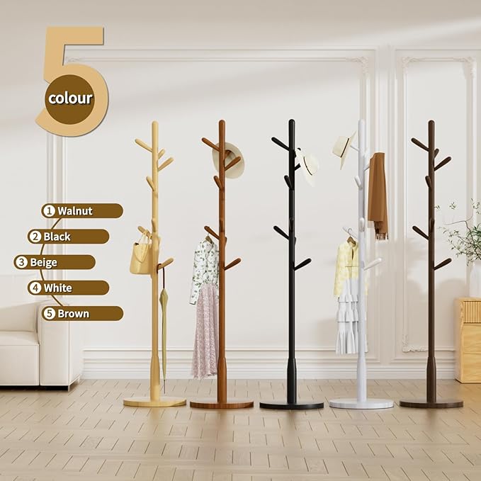 Solid Wood Round Base Coat Rack, Free Standing Hall Coat Tree with 8 Hooks（+2 spare for Coats, Hats, Bags, Purses, for Entryway, Hallway, Rubberwood Hooks,Base and Pole(Round Base,Brown)