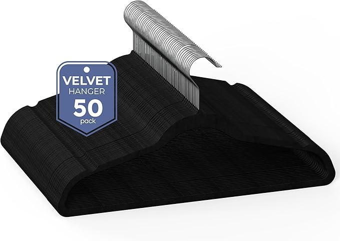 YSSOA Velvet Hangers 50 Pack, Heavy Duty Non-Slip Clothes Hangers with Shoulder Notches, 360° Swivel Hooks, Black