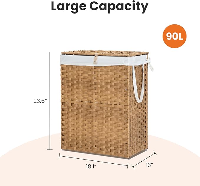 90L Laundry Hamper with Lid, Hand-Woven Pp Rattan Laundry Basket with Compartments & Handles, Removable Liner Bags,Foldable, Narrow Dirty Clothes Basket, Yellow