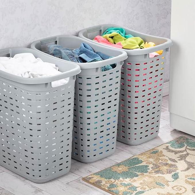 Sterilite Plastic Wicker Style Weave Laundry Hamper, Portable Slim Clothes Storage Basket Bin with Lid and Handles, Cement Gray, 8-Pack