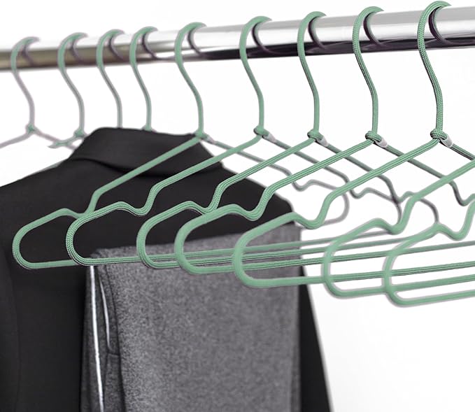 10-Pack of Fabric-Wrapped Metal Hangers Features a Strong Metal Frame, Soft Fabric Coating, Non-Slip Design, preventing Damage, and Providing Secure, Space-Saving Garment Storage. (Green)