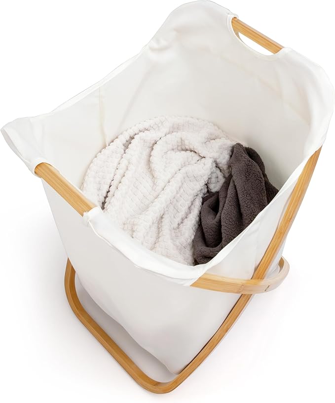 QUALIAZERO 72L Bamboo X-Frame Laundry Hamper – Foldable Single Section Clothes Basket with Removable Bag & Bottom Handle, Ideal for Bathroom, Bedroom, or Dorm (FEATHER CREAM, X-FRAME)