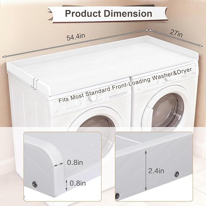 Washer Dryer Countertop, HDPE Laundry Countertop with Edge Rails, No-Installation-White