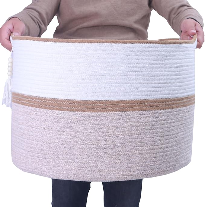 Large Woven Rope Laundry Hamper, Cotton Rope Storage Basket with Handles, Multipurpose Storage Basket for Laundry, Toys, Blankets in Bedroom, Bathroom, Living Room - Stylish & Durable (Brown, 100L)