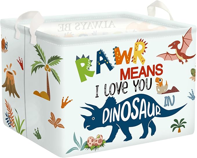 Dinosaur Laundry Hamper Large Storage Basket Cartoon Dino Collapsible Parents Organizer Kids Toy Clothes Bins for Bedroom, Bathroom, Boho Words, 36L