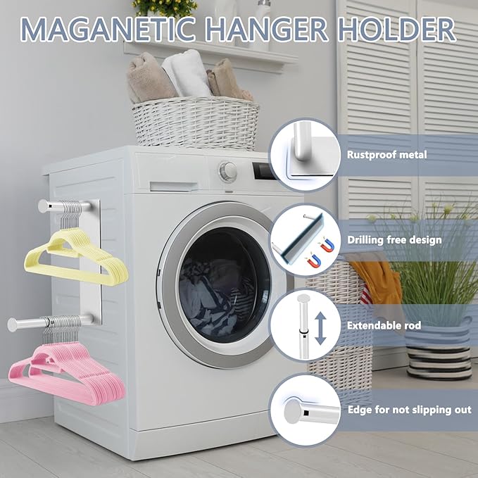 Magnetic Hanger Organizer Stacker, Upgrade Extendable Hanger Storage Rack for Washing Machine, Closet, Laundry Room Organization, Hanger Stand Rack for Adult Kids Velvet Hangers