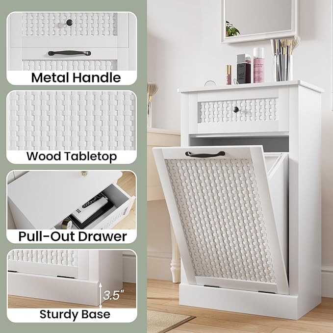 Tilt Out Laundry Hamper Cabinet, Rattan-Style Laundry Room Organization with Removable Laundry Basket, Hidden Wood Dirty Clothes Hamper with Drawer, 21.6" L x 13" W x 35.8" H, White