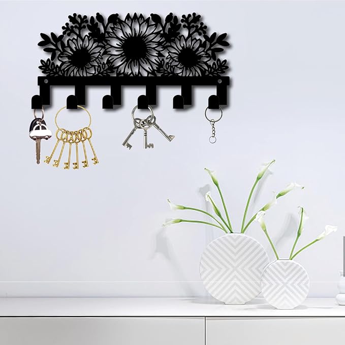 CREATCABIN Metal Sunflower Key Holder Rack Wall Mount Decorative Black Coat Organizer with 6 Hooks Flower Shaped Design Black Towel Hanger Rack Wall Art Decor for Entryway Room Bathroom 10.6x5 Inch