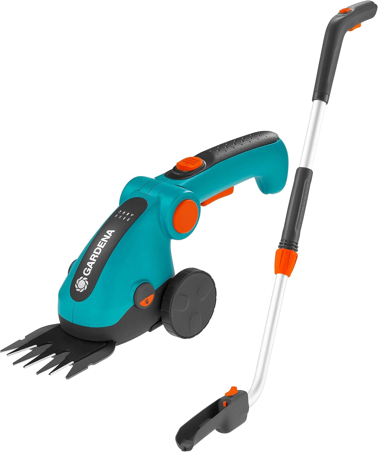 GARDENA 9858-20 Battery Grass Shears with Extension Handle and Wheels Set, Cordless, Handheld Shears, 80 Min Run time, Replaceable Quality Non Stick Blades