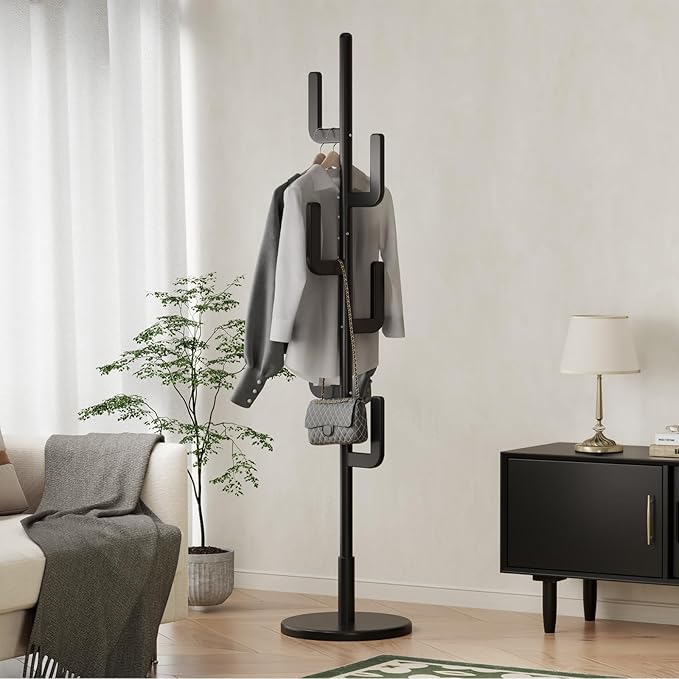 Solid Wood Cactus Coat Rack, Freestanding Coat Rack With 6 L-Shaped Hooks and 3 Adjustable Sizes, Coat Tree for Bedroom, Entryway, Livingroom, Coat Hanger Stand for Coats, Handbags (Black)