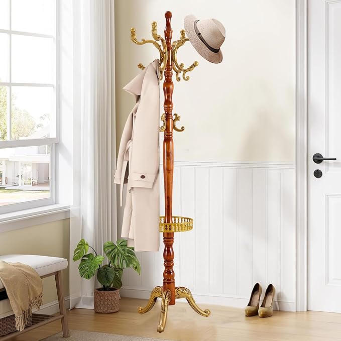 Wooden coat rack stand, Heavy duty coat racks tree freestanding with 11 Hooks and storage basket, Coat tree for jacket, Hats, Bags, Purses, clothes (Triangular base-Begonia 1)