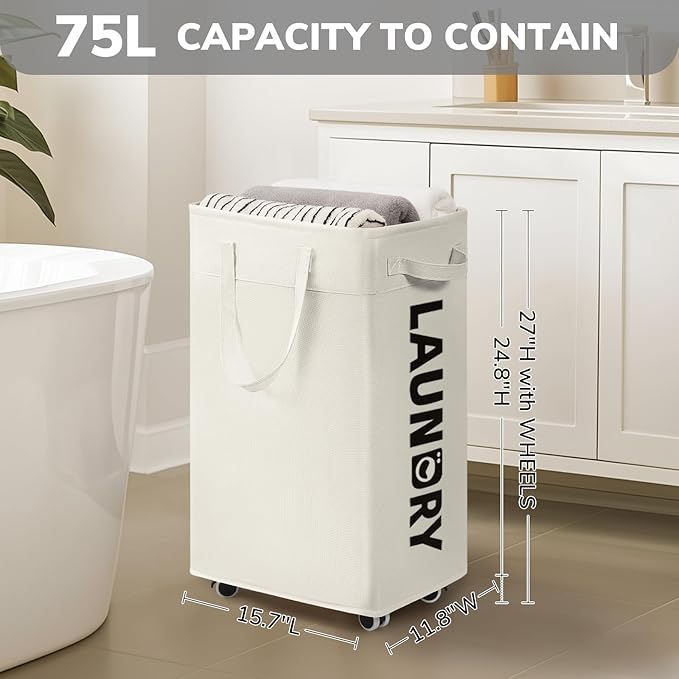 Goodpick Laundry Hamper with Wheels, 75L College Dorm Room Essentials, Clothes Hamper with Removable Wash Bag for Bedroom, Large Laundry Basket with Handle, White