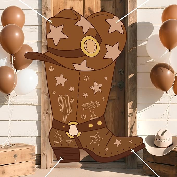 Western Cowboy Boot Shape Banner Decorations Boots on The Ground Backdrop Photo Booth Props for Wild West Party Cowboy Rodeo Birthday Baby Shower Supplies Decor
