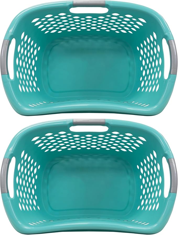 (2 Pack) 1.8 Bushel Hip Hugger Laundry Basket, Teal Flexible Plastic Hamper - Easy 1-Hand Carry(Home/Laundry Room)