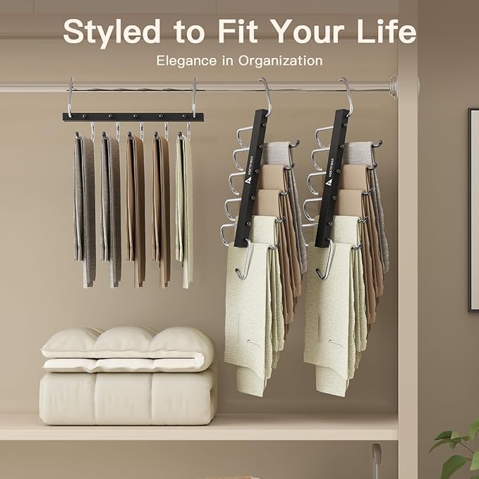 Pants Hangers Space Saving 2 Pack - 5 Tier Heavy Duty Closet Organizer for Jeans, Skirts, Shirts - Metal Hooks with Anti-Slip Design for Dorm, Apartment, Bedroom Storage