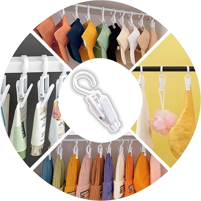 10 PCS Laundry Hooks with Clips，Clothes pins，360° Rotating Hook Clips, Hangers Clip Socks Curtain Towels Bathroom Closet Kitchen Office (Black and White)