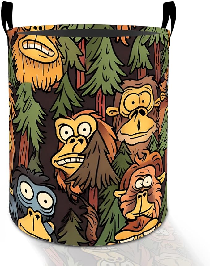 Funny Bigfoot Laundry Basket Hamper for Boys Girls Kids Adults, Foldable Waterproof Oxford Clothes Storage Bin, Cartoon Sasquatch Forest Organizer for Bedroom Bathroom Room Decor 19.7"x15.8"