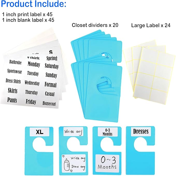 20 Pack White Clothing Rack Size Dividers Plus 45 Labels (1 Inch) and 18 Large Blank Labels, Large Rectangular Clothing Closet Dividers (Blue)