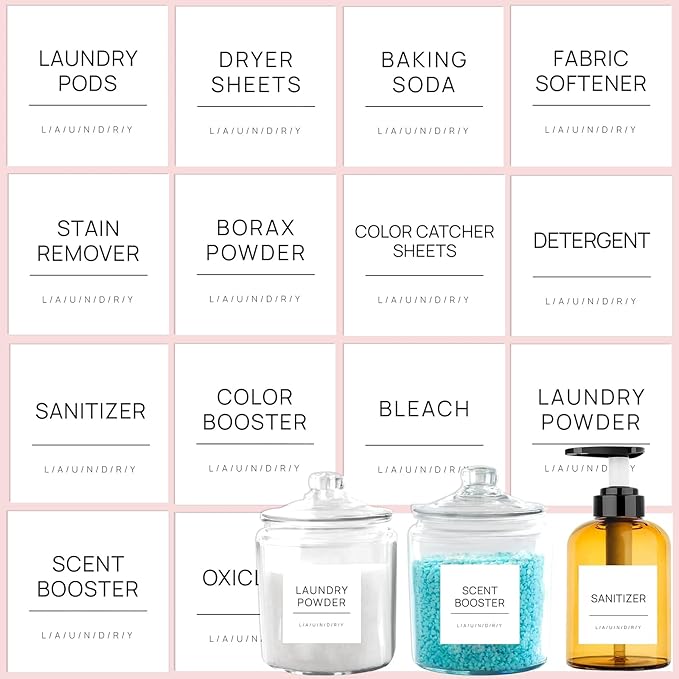Laundry Labels for Jars,16 PCS Minimalist Laundry Room Labels,Removable Waterproof Cleaning Labels for Containers,Laundry Room Storage Organization,with 2 Blank Labels (White)