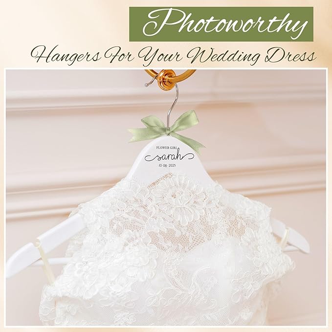 Chunful 10 Pack Personalized Bride Hanger for Wedding Dress Custom Name White Wooden Bridal Hangers with UV Dtf Transfers Natural Wood Dress Hanger with Ribbon Bow Bride Wedding Gift