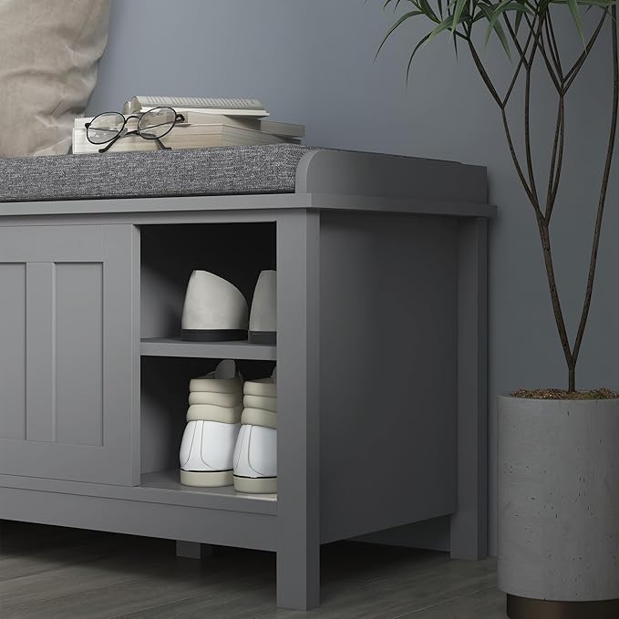 HOMCOM Entryway Shoe Bench Storage Ottoman with Sliding Doors, Adjustable Shelving, 6 Compartments, and Padded Seat, Holds 10 Pairs, Gray