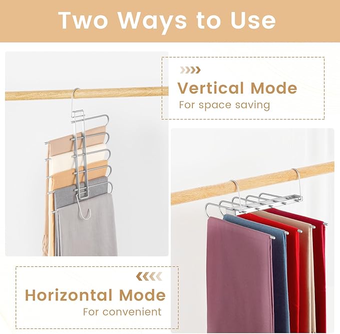 Pants Hangers Space Saving,Closet Hangers 5 Layers 2 Uses Multi Functional Pants Rack,Metal Heavy Duty Wardrobe Organizer Racks for Clothes Trousers Scarves Ties (Silver)