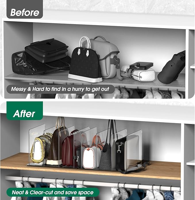 Purse Organizer for Closet，2-Pack 8 Clear Adjustable Acrylic Shelf Dividers for Closet Organization，Handbag Storage Organizer, Purse Separators Holder for Home Kitchen, Office