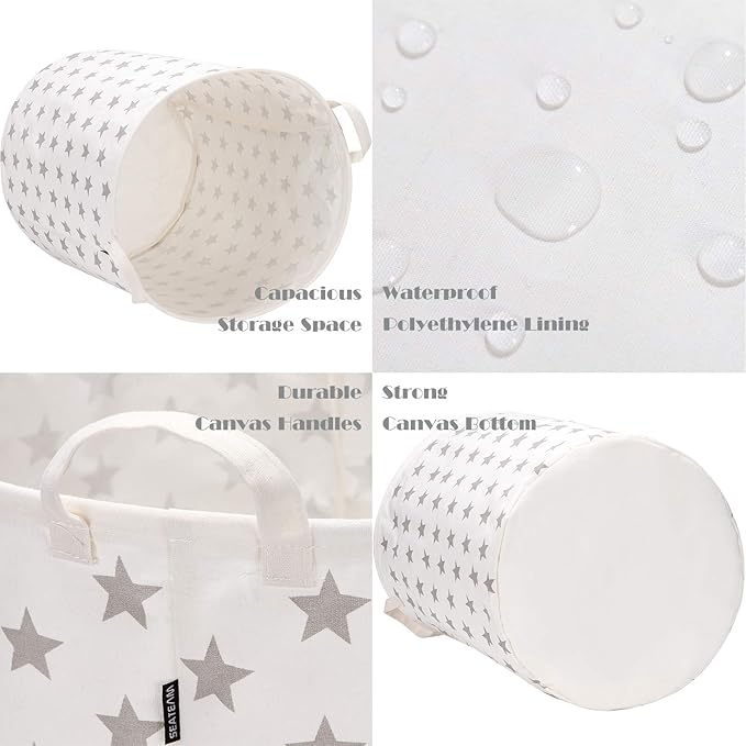 Sea Team 19.7 Inches Large Sized Waterproof Coating Ramie Cotton Fabric Folding Laundry Hamper Bucket Cylindric Burlap Canvas Storage Basket with Stylish Stars Design (19.7", Grey Star)