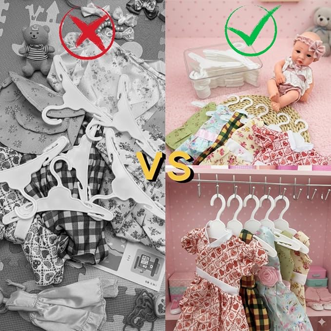 50 Pack Doll Clothes Hangers with Clear Storage Box – Ideal for Doll Outfits, 18 Inch Doll Furniture & Dolls’ Closet Organization