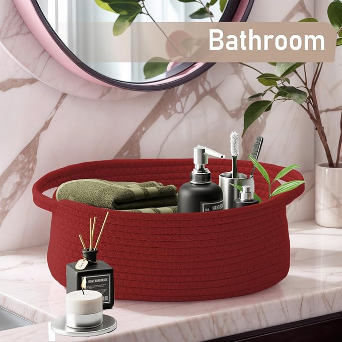 Woven Basket,Small Rope Storage Bin with Handles & Ribbon Bag, Organizer for Shelves Closets,Gift Basket Empty for Birthday,Books,Dog Toys, Red/3 Pack