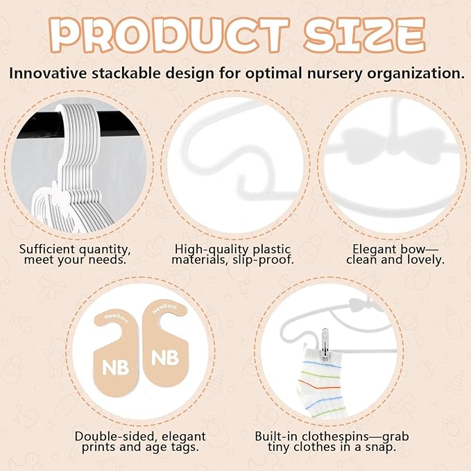 20 Pack Baby Clothes Hangers with 8Pcs Baby Closet Dividers and 8Pcs Clips, Non-Slip Toddler Clothing Hanger with Dividers for Sorting, Nursery Closet Organizer for Newborn Kids Boys Girls (Boho)