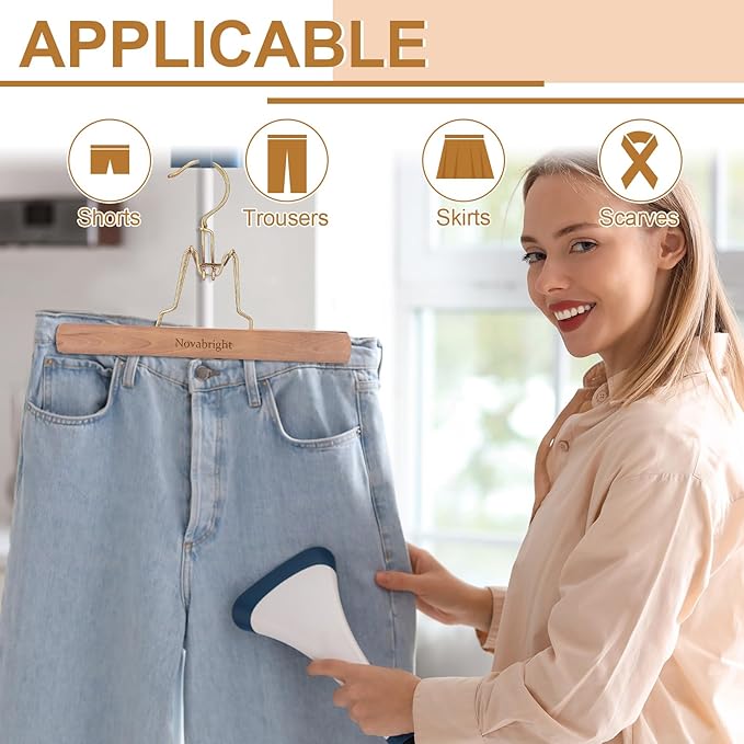 Novabright 4 Pcs Cedar Pant Hangers with Brass Plated Metal Locking Space-Saving Cedar Wood Clothes Hangers for Trousers Skirts Jeans Suits Slip-Resistant Notches Wrinkle-Free Storage (Wood)