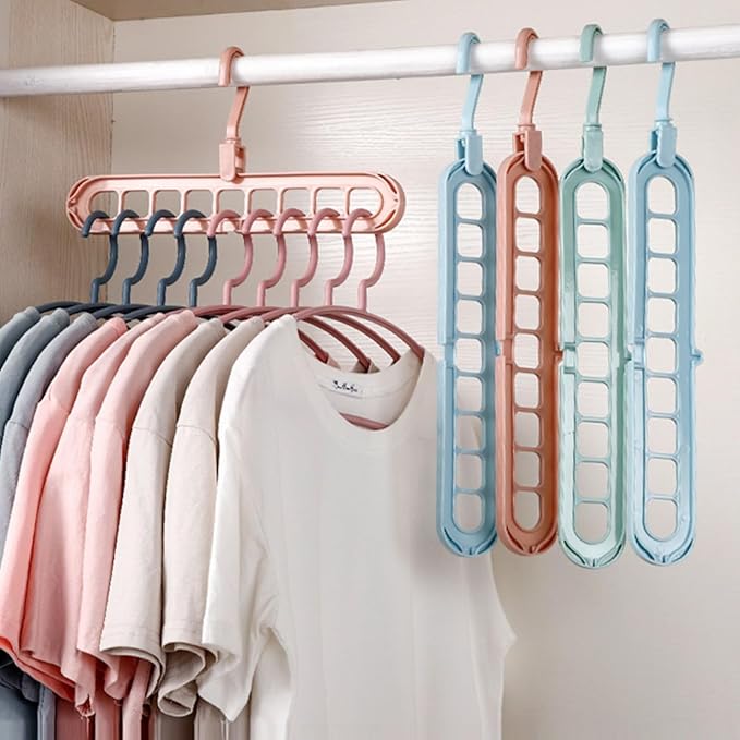 9 in 1 Smart Hanger, Upgrade Space Saving Hanger, 9 Holes Rotate Anti-Skid Folding Hangers with Multifunction Space Saving, for Heavy Clothes, Multiple Shirt, Shirts Pants (4pcs-Pink)