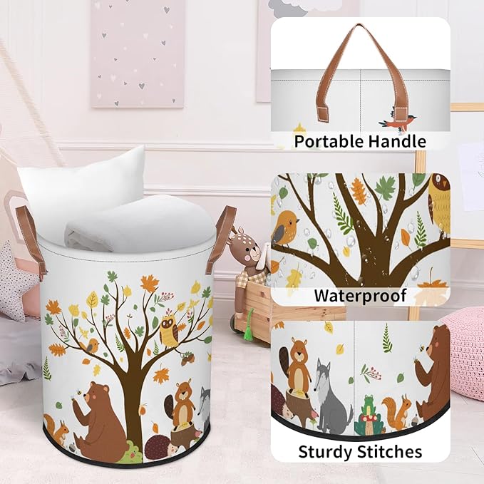 Kids Laundry Hamper Dirty Clothes Basket 18" Collapsible Polyester Sturdy & Lightweight Fall Animals Storage Bin with Handles for Bedroom Bathroom Living Room