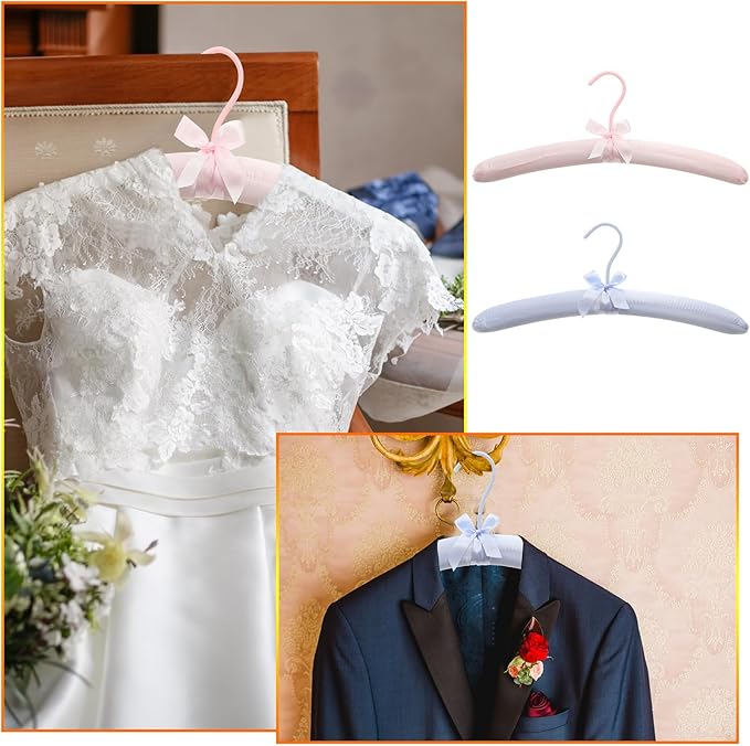 2 Pack 15 Inch Satin Padded Hangers Bride Groom Hangers for Wedding Dress Suit No Shoulder Bump Wedding Party Supplies (Pink and Blue)
