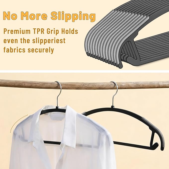Arc Design No Shoulder Bump Plastic Hangers 50 Pack,Ultra Thin Non-Slip Hangers for Clothes,Heavy Duty Coats Hangers,360°Swivel Silver Hook,Space Saving Closet Organizer for Suit,Sweater,Jackets(Black