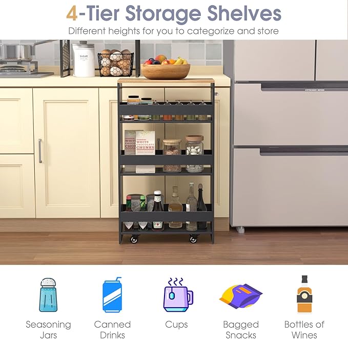 Giantex 4 Tier Rolling Slim Storage Cart, 8" Narrow Slide Out Kitchen Cart w/Handle & Open Shelves, Space-Saving Compact Mobile Utility Trolley for Small Space Laundry Room (Black & Natural)