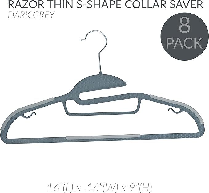 Simplify 40 Pack Ultimate Hanger | S-Shape Collar Saver | Ultra-Thin | Non-Slip | Accessory Bar | Belts | Scarves | Ties | Tank Top | Closet Organization | Dark Grey