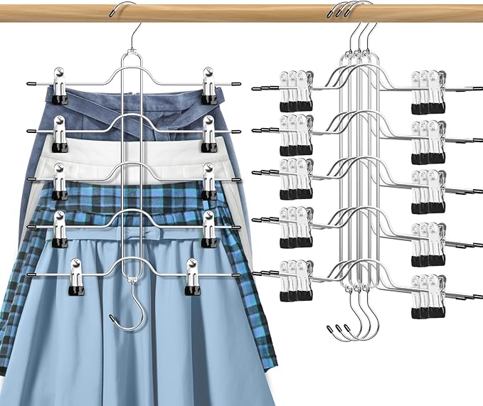 Skirt Hangers with Clips, Jadkysarh 5 Tier Pants Skirt Hangers Space Saving Multi Shorts Hangers with Adjustable Clips Closet Organizer and Storage for Jeans, Leggings 4 Pack