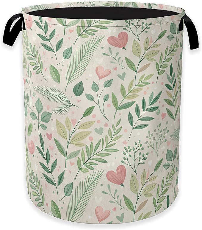 Spring Green Leaves Laundry Hamper,Rustic Wildflower Herb Clothes Hamper for Laundry,Waterproof Oxford Toy Storage Collapsible Hampers for Bedroom, Dorm Room,Bathroom,16x20 Inch
