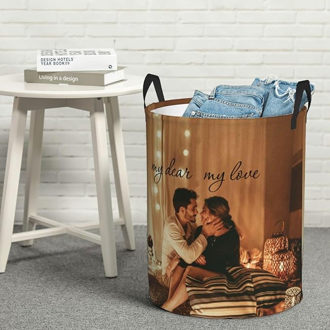 Custom Laundry Basket,Personalized Laundry Hamper With Photo Name,Customized Dirty Clothes Storage With Handle,Collapsible Storage Basket For Bathroom Living Room Bedroom