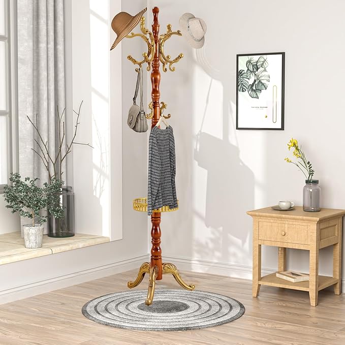 Wooden Coat rack freestanding, Coat racks stand with storage basket, Heavy duty coat tree standing with 11 Hook for Bedroom, Entryway, Hallway, Office,Stury Base (Triangle Begonia)