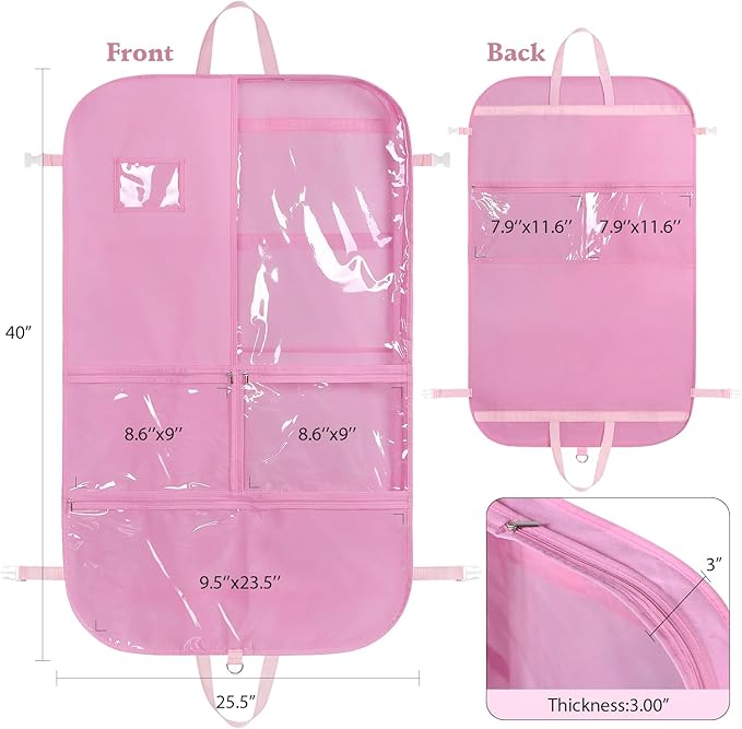 Univivi 2-Pack Dance Costume Garment Bag, 40" Dance Costume Bag for Hanging Storage, kids garment bags with 3 Clear Zippered Medium Pockets and 2 Back Zippered Pockets and 1 xPendant, 3 x Badge (Pink)